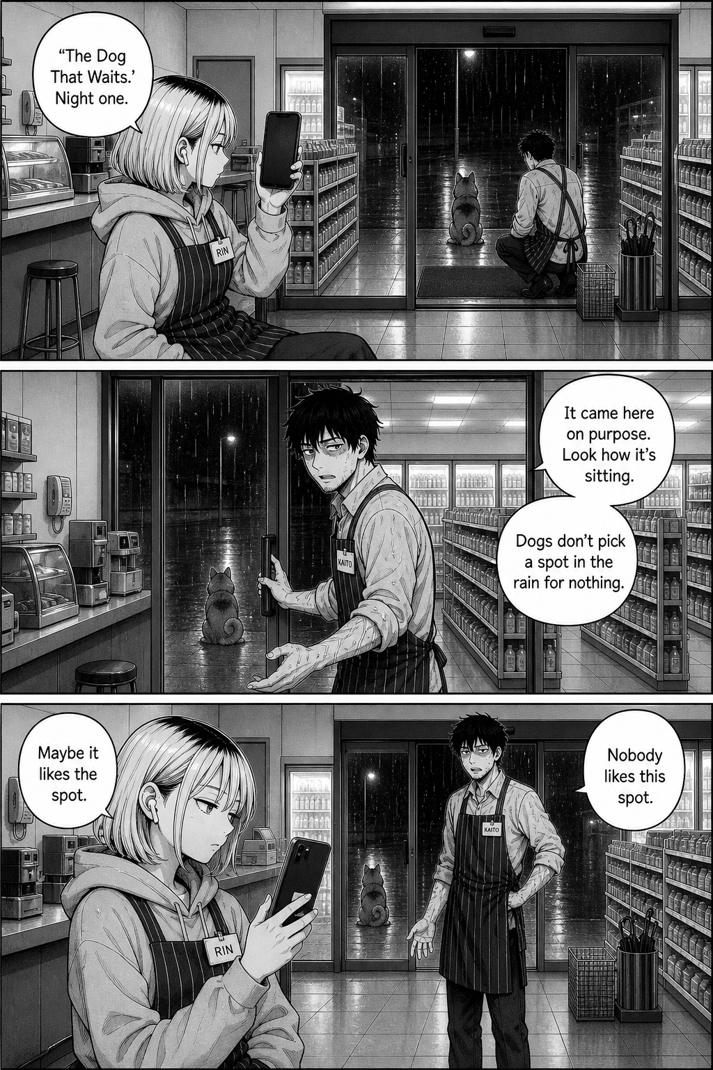 Rin films the doorway with her phone; Kaito closes the doors, arguing the dog chose the spot on purpose.