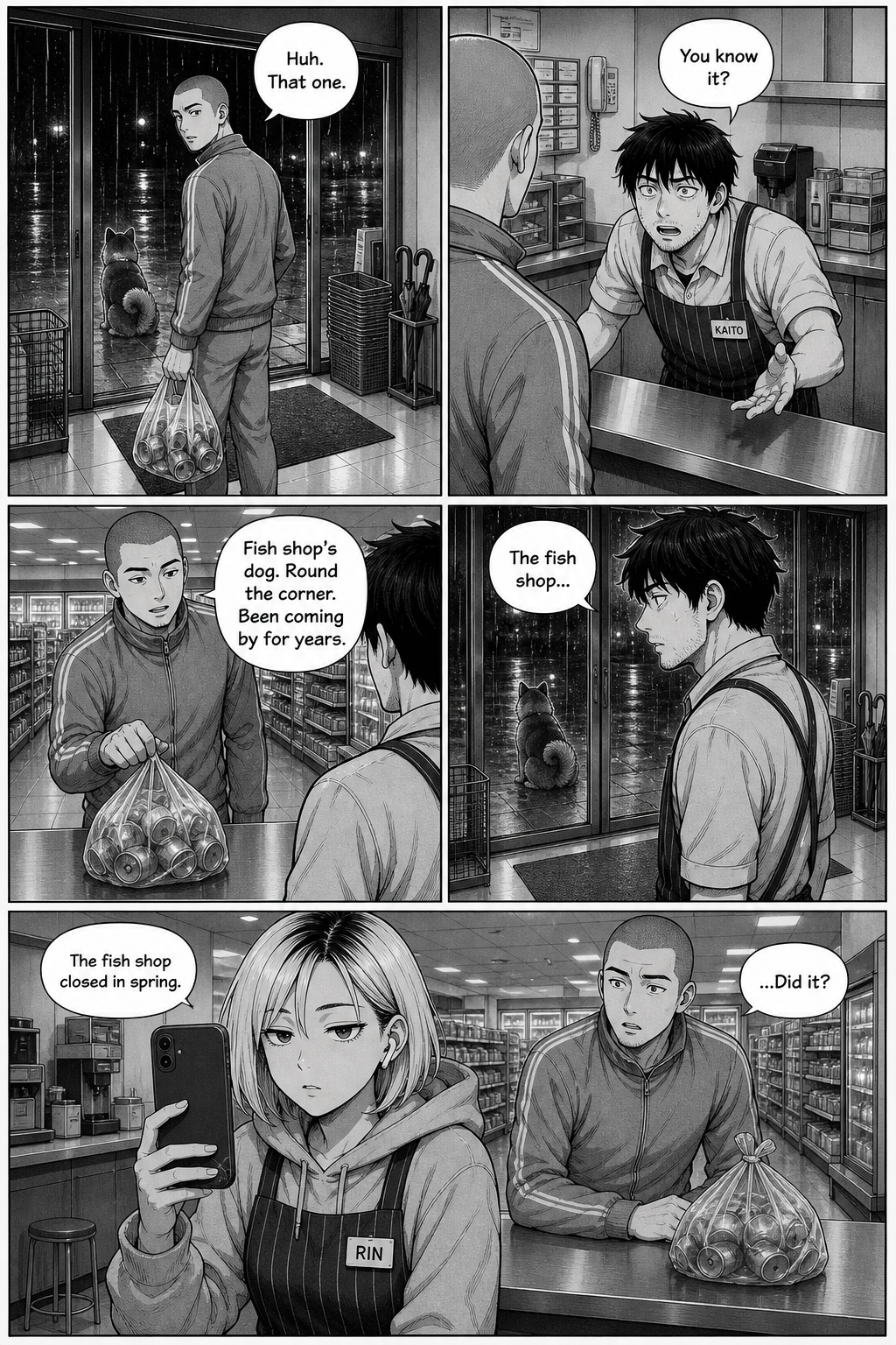 The tall shaved-head tracksuit regular with his bag of cans says the dog is the fish shop's; Rin notes the fish shop closed.