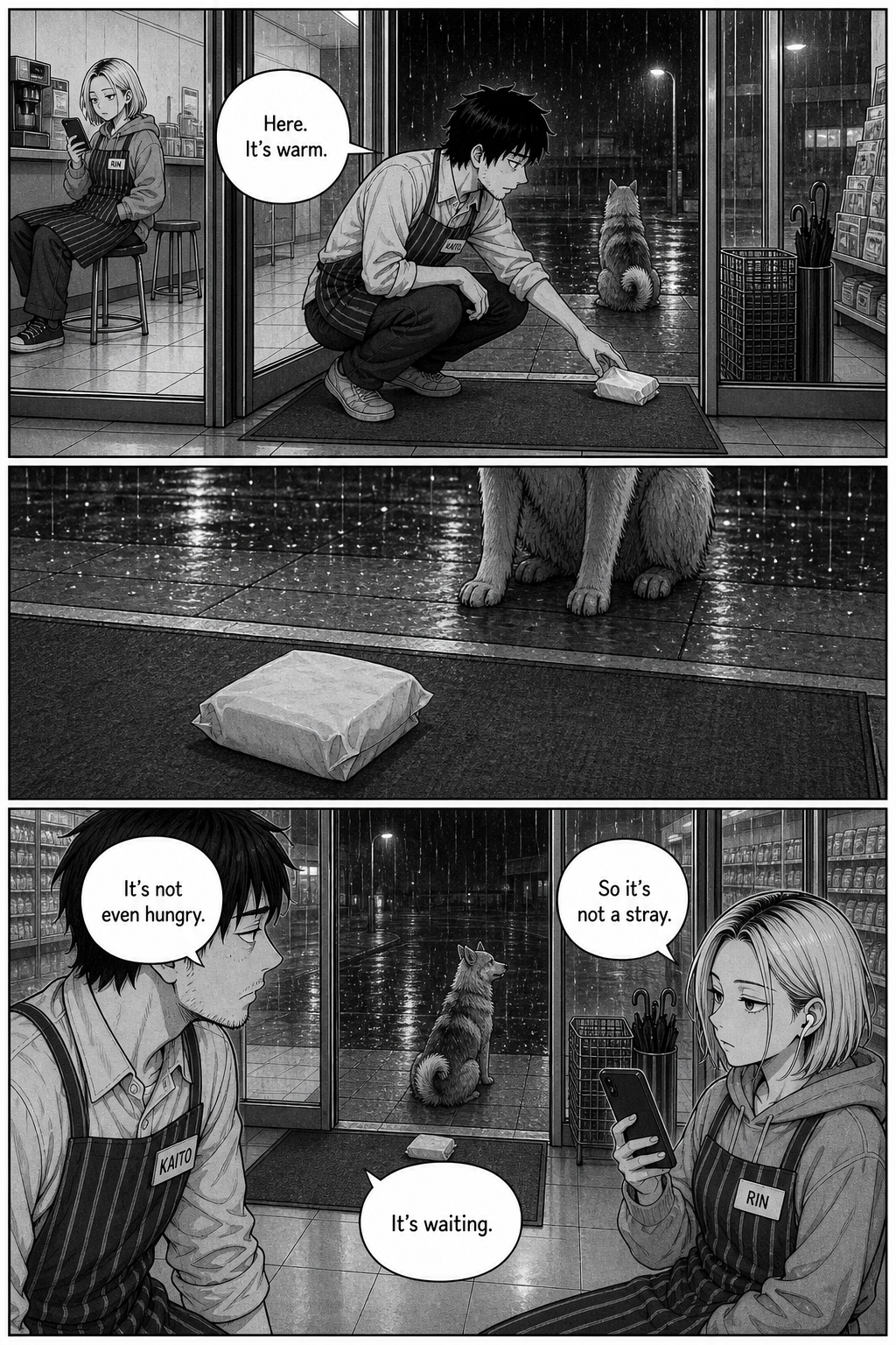 Kaito sets a warm blank-wrapped snack in the doorway; the dog ignores it and keeps watching the doors.