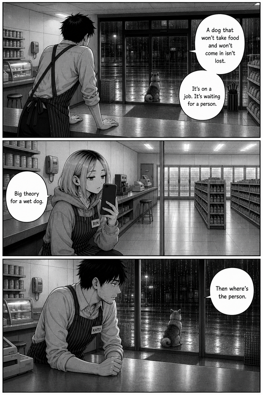 Kaito, hands flat on the counter, spirals that the dog is waiting for a person; Rin films, unimpressed.