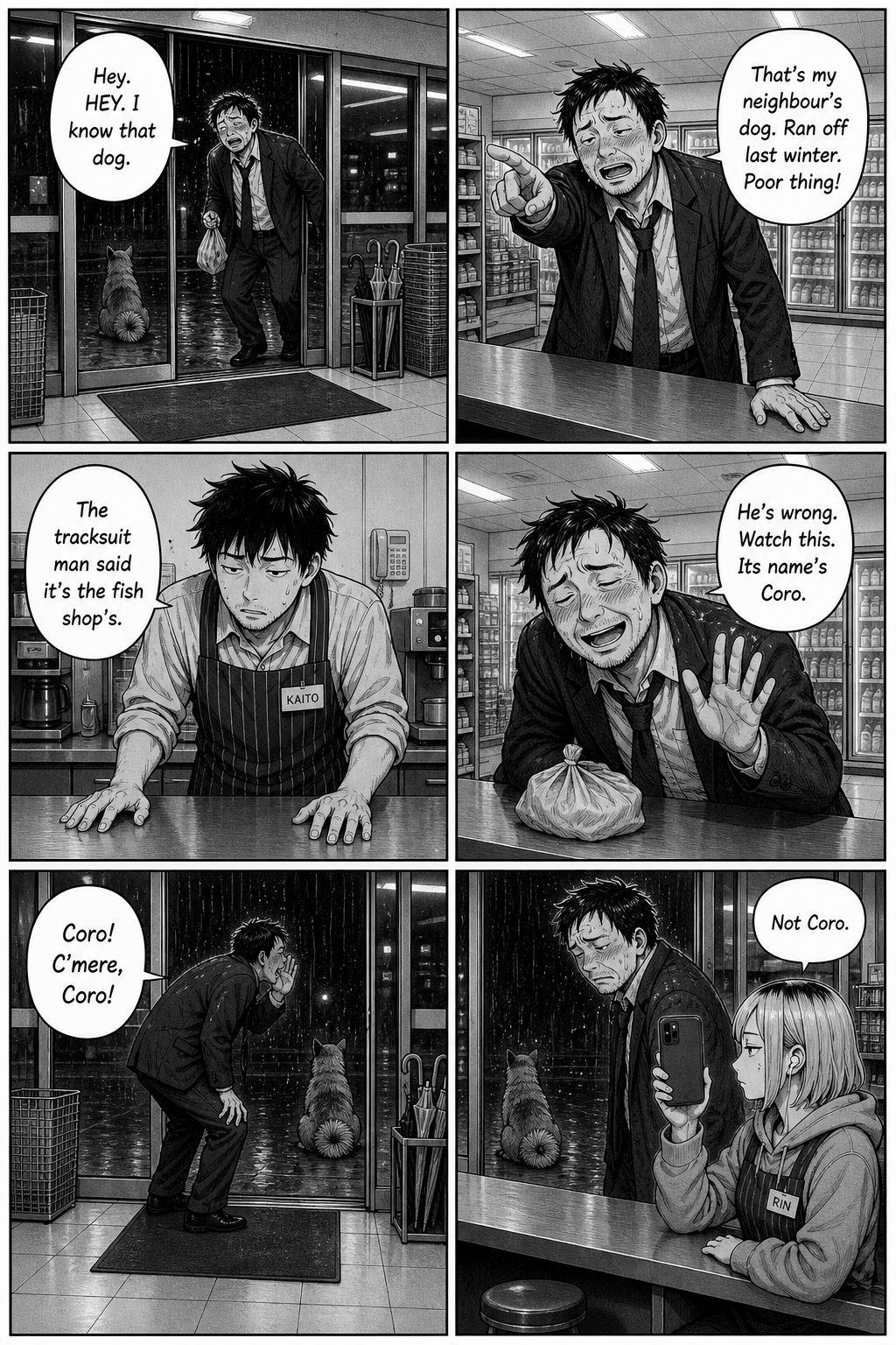 A drunk salaryman insists the dog is his old neighbour's, calls it 'Coro'; the dog doesn't respond. Rin: 'Not Coro.'
