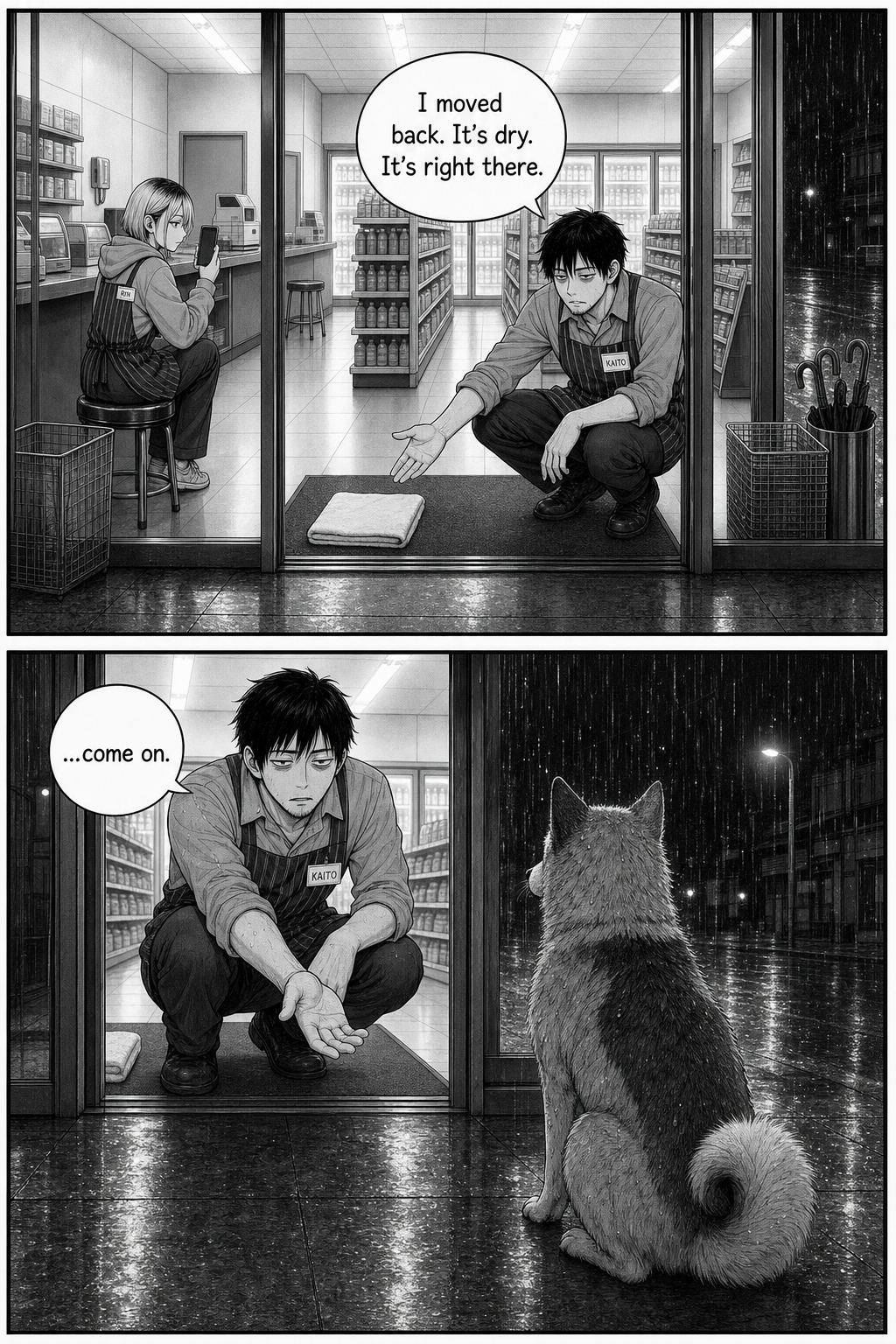 Kaito lays a towel just inside the propped-open doors and crouches back; the dog still won't come in.