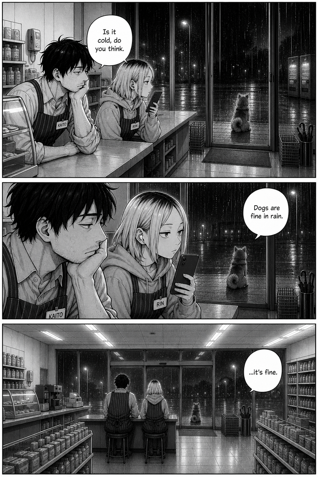 Kaito and Rin sit side by side watching the dog through the rain; a rare quiet between them.