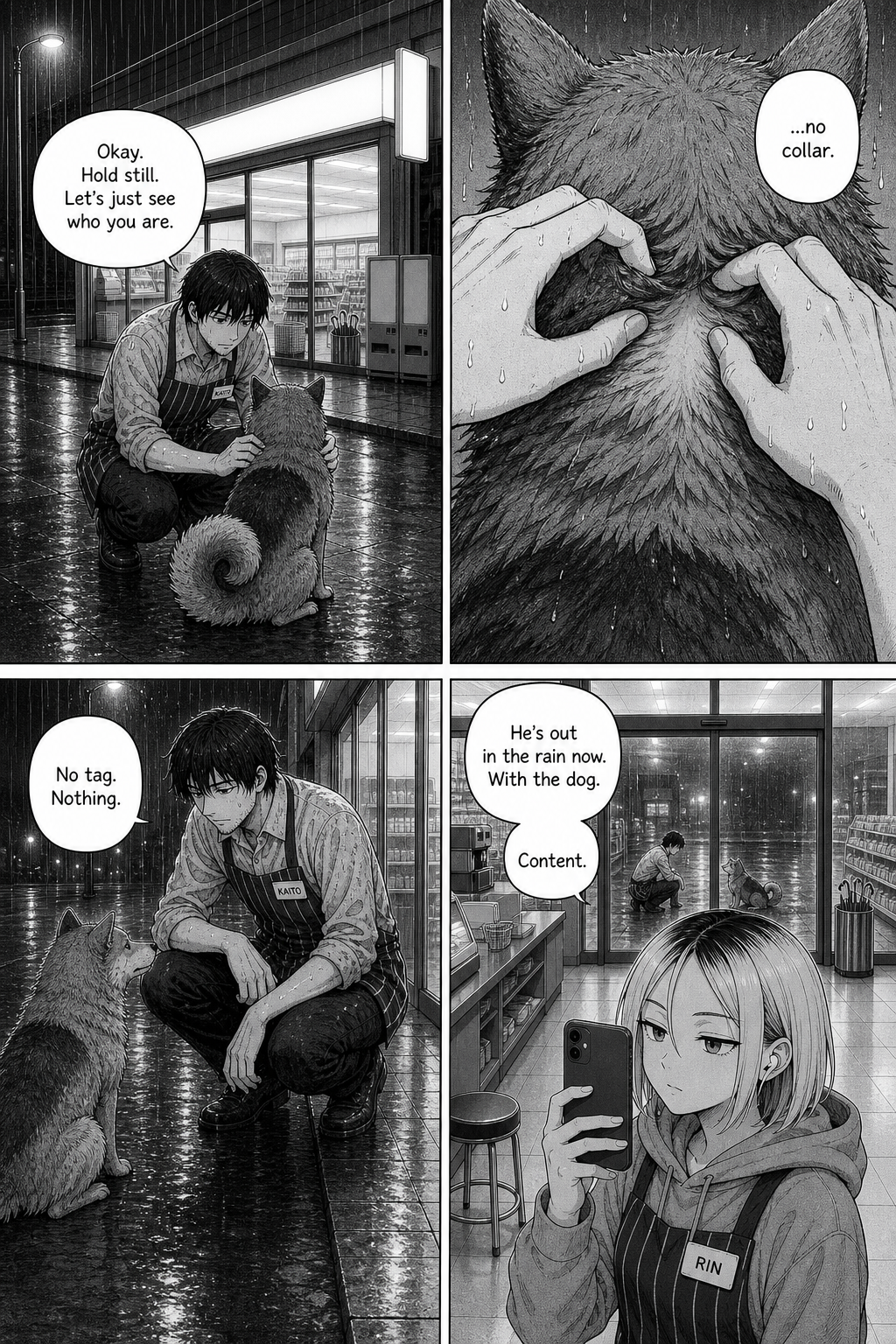 Out in the rain, Kaito checks the dog's neck and finds no collar and no tag; Rin films through the glass.