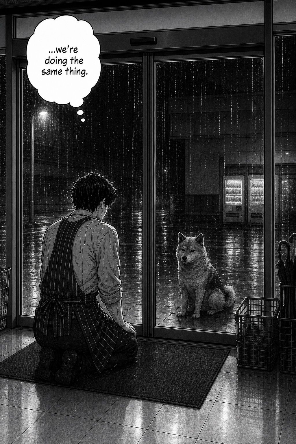 A single quiet panel: Kaito kneels inside the glass, the dog sits just outside it, the two mirrored, both waiting.