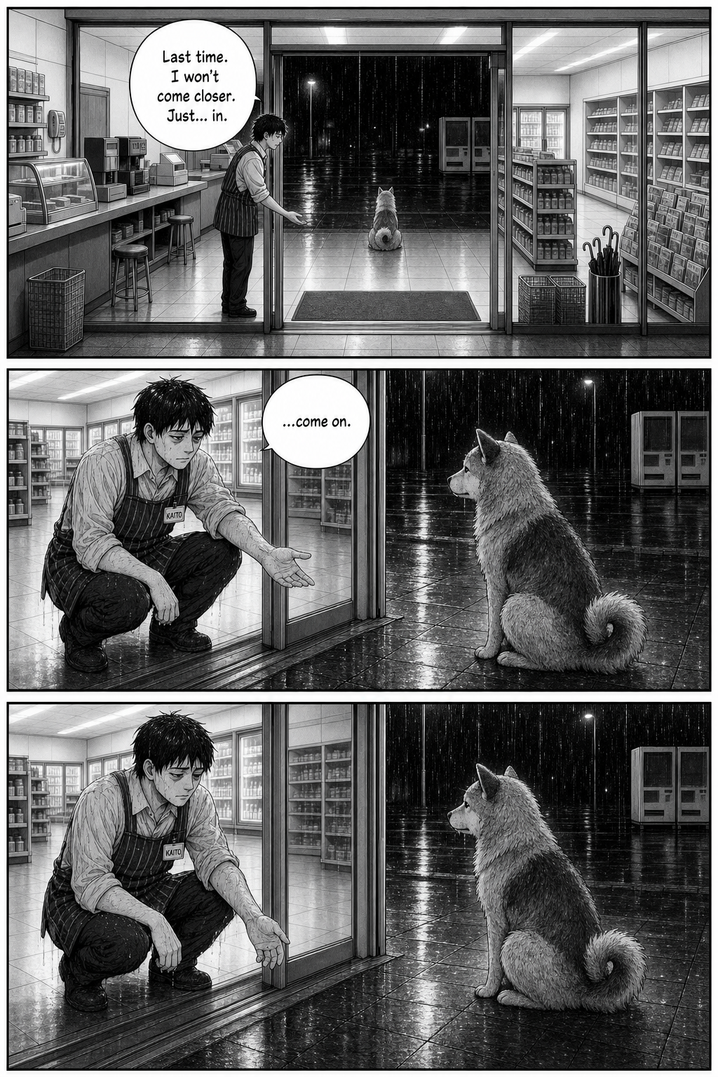 Kaito makes one last careful attempt from a distance; the dog looks at him and stays.