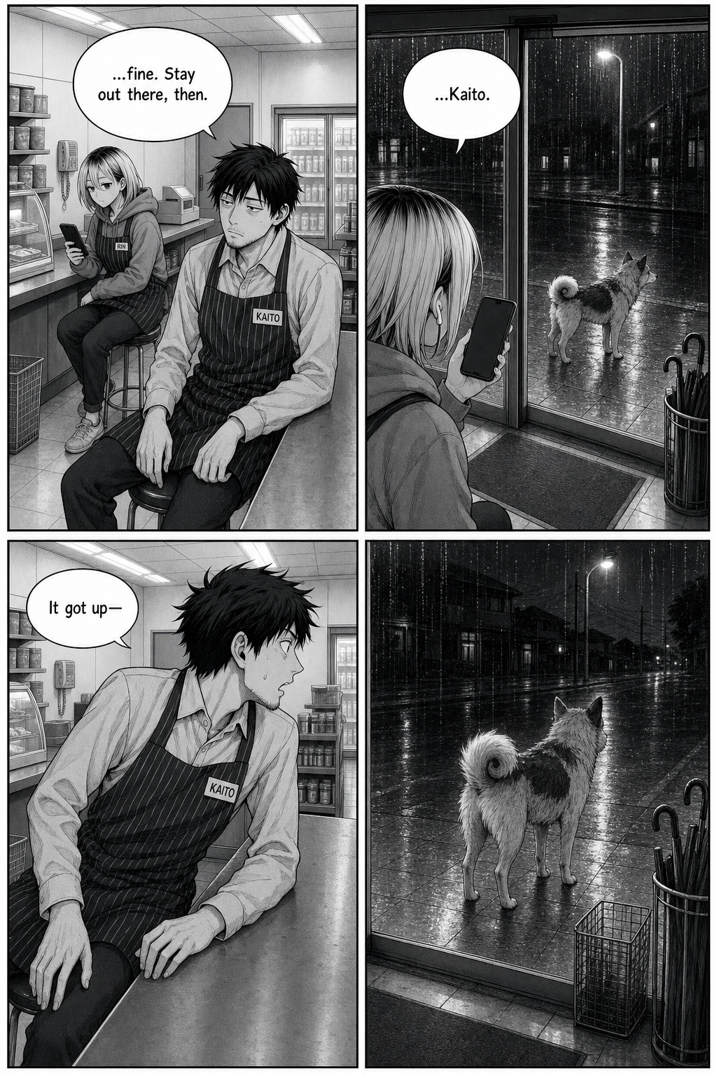 Kaito gives up and sits back — and at that instant the dog stands, turning away down the footpath, not toward him.