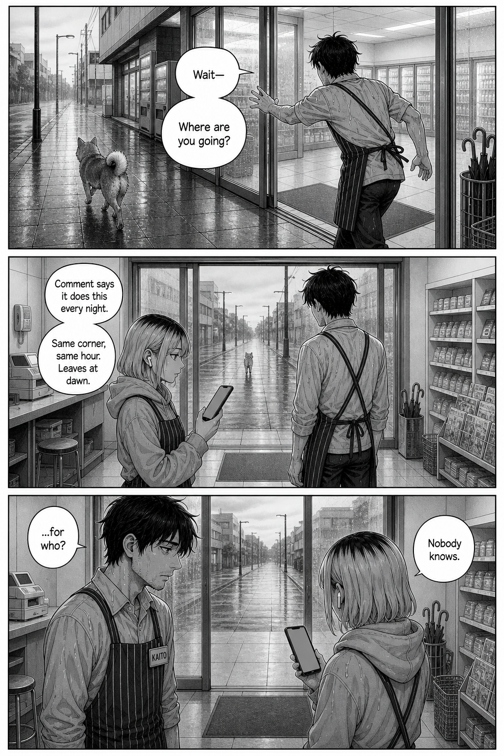 At dawn the dog trots away down the pale street; Rin reads that it does this every night, and no one knows for whom.