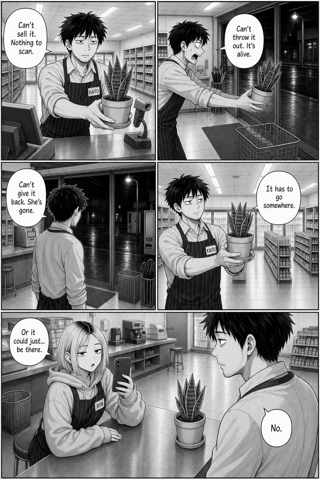 Kaito realizes he can't sell, bin, or return the plant, holds it at arm's length declaring it has to go somewhere; Rin films and suggests it could just be there. He says no.