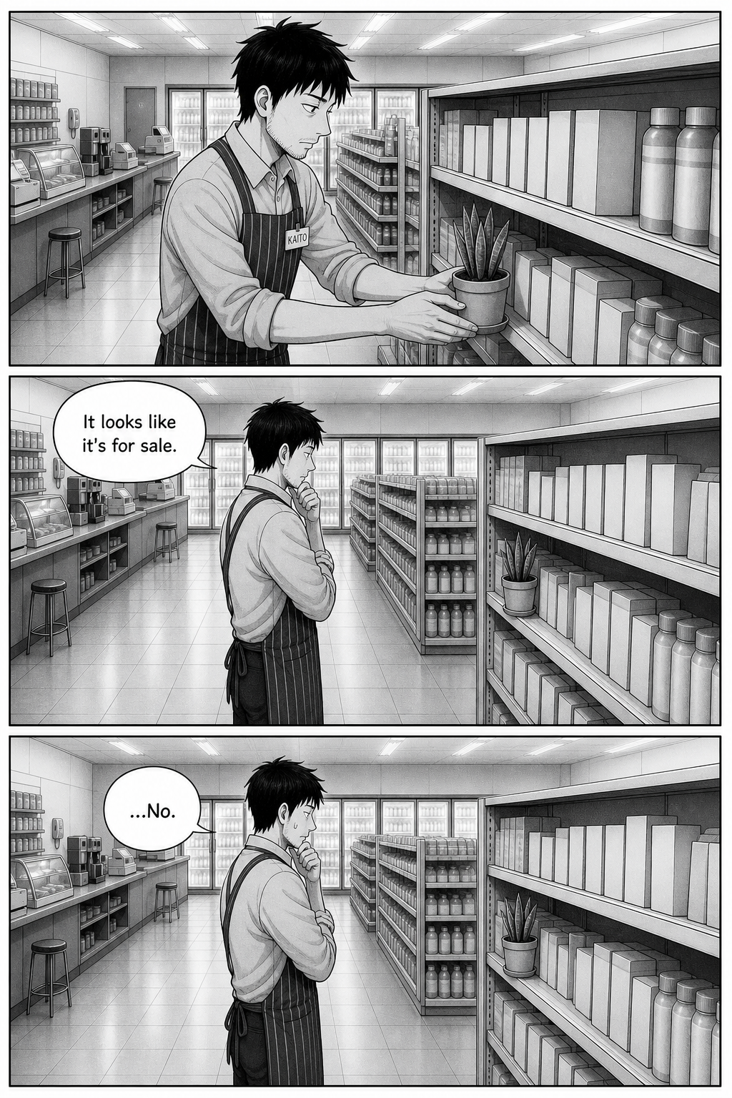 Kaito sets the plant on a shelf among the stock, steps back to judge it, decides it looks like merchandise, and flatly rejects the spot.