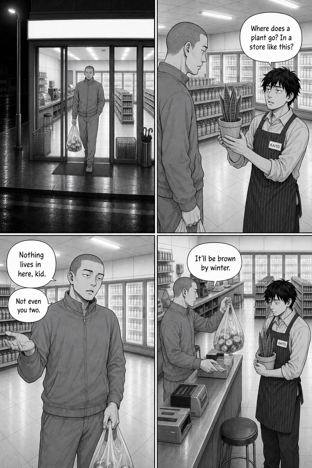 The tall shaved-headed tracksuit regular with his bag of empty cans shrugs at Kaito's question about where a plant belongs, says nothing lives in here and it'll be brown by winter.