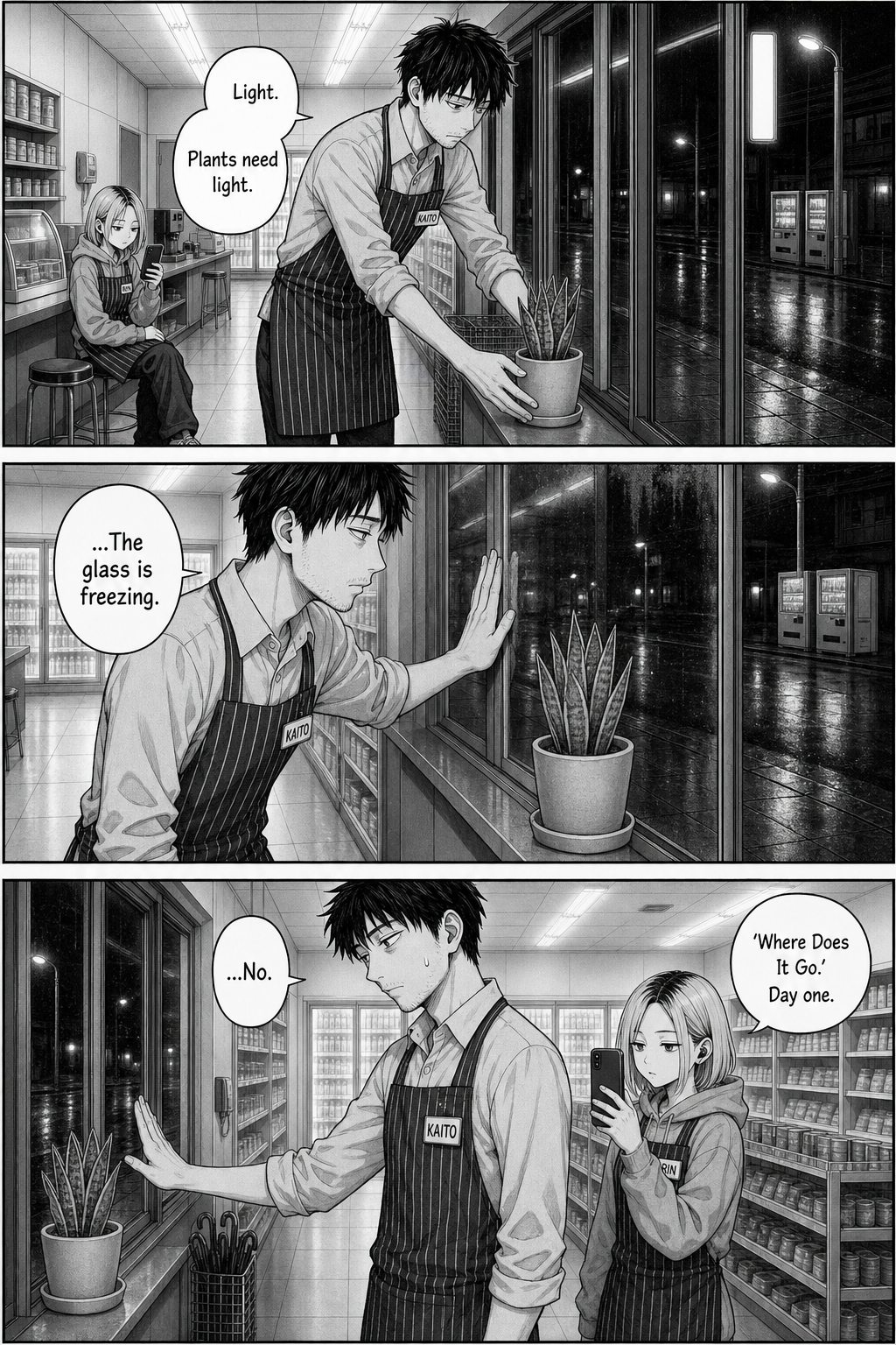 Kaito sets the plant on the cold window ledge for light, finds the glass freezing, and rejects the spot; Rin films and names her stream 'Where Does It Go.'