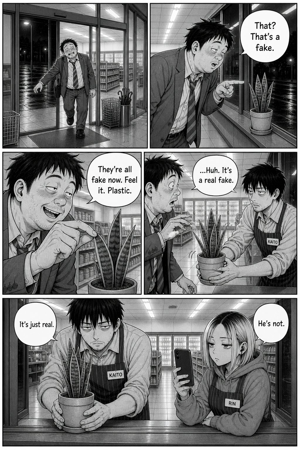 A drunk salaryman insists the plant is fake and pinches a leaf to prove it; the leaf springs back, plainly real. Kaito says it's just real, Rin says he isn't.