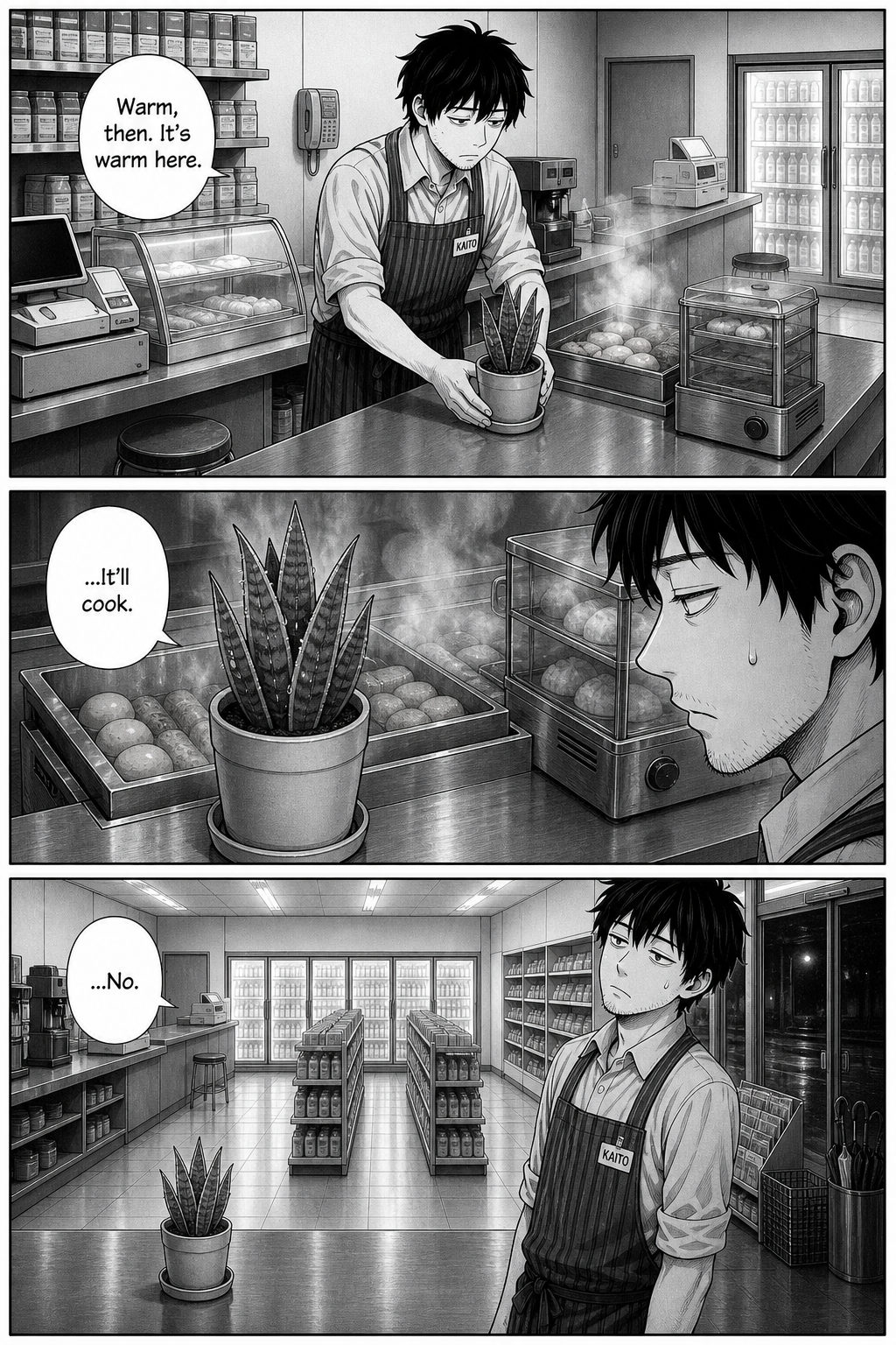 Kaito tries the warm hot-food counter, sees the plant beginning to cook in the steam, and rejects the spot with a flat 'No.'