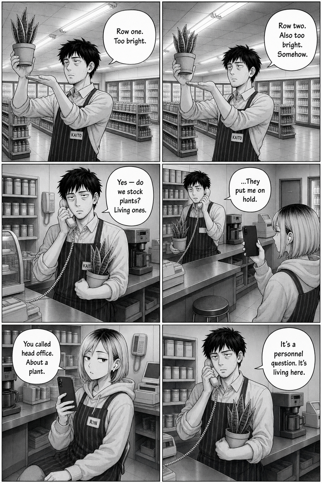 Kaito measures the light under each fluorescent row with the plant raised, then phones head office to ask if they stock living plants and is put on hold; Rin is unimpressed.