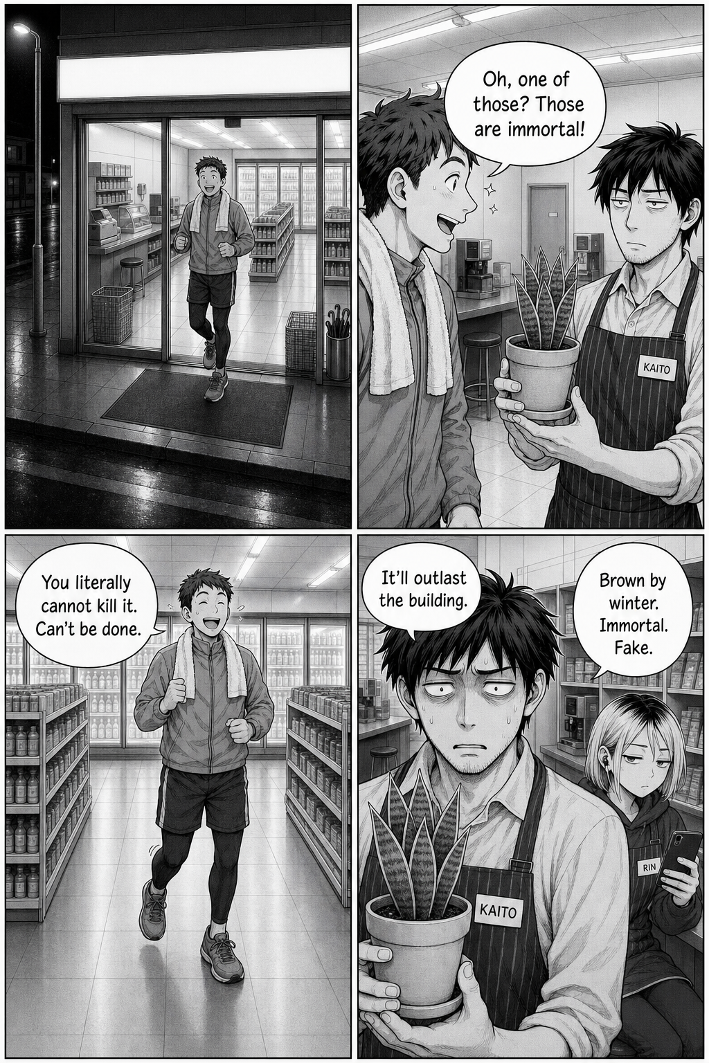 A cheerful jogger insists the plant is immortal and can't be killed; with the tracksuit regular's and salaryman's verdicts, all three contradict each other. Kaito repeats them, overwhelmed.