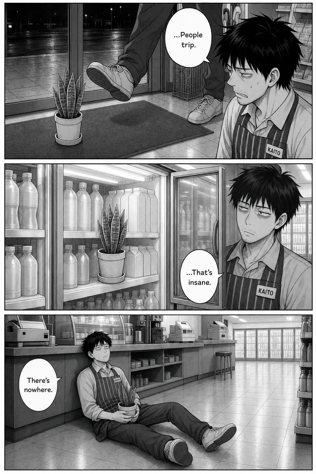 Kaito tries the plant on the door mat where people trip, then absurdly inside a cooler, then slumps to the floor holding it, out of places.