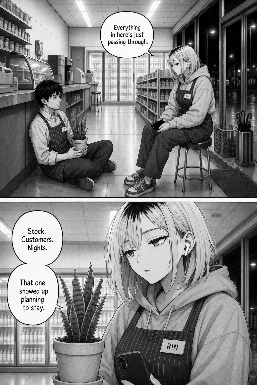 For once Rin lowers her phone and, almost soft, says everything in the store is just passing through — but this plant showed up planning to stay.