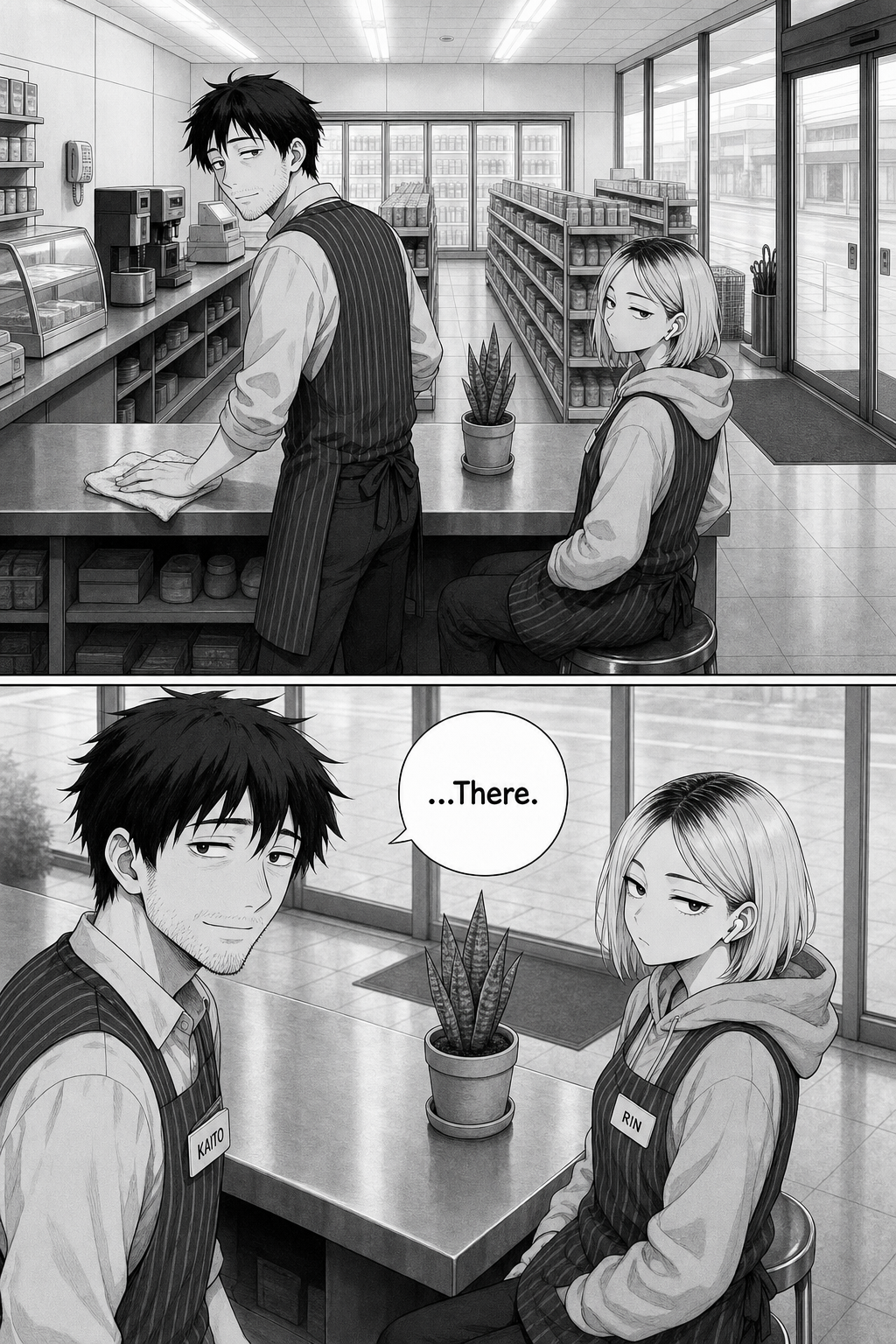 Kaito glances back mid-wipe and sees the plant beside Rin in the dawn light — in the one spot he didn't choose on purpose, it looks exactly right. He softly says 'There.'