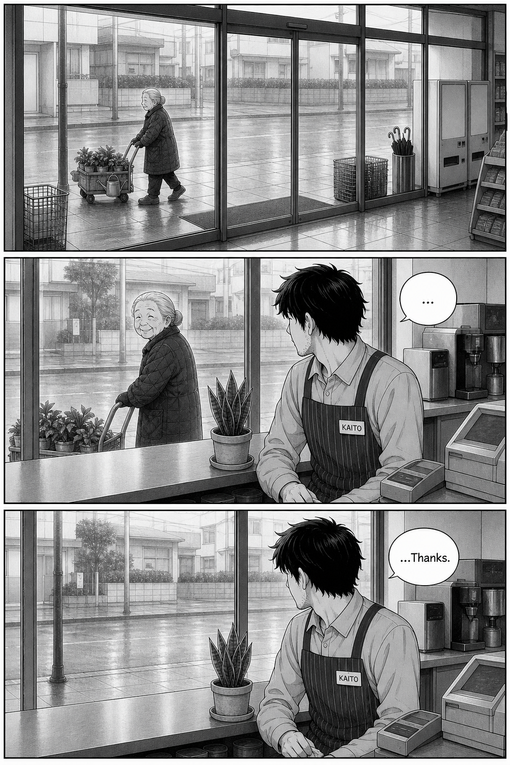 At dawn Setsu passes the storefront pushing a cart of potted plants, nods once through the glass without coming in, and Kaito nods back a beat late and says thanks to the empty window.