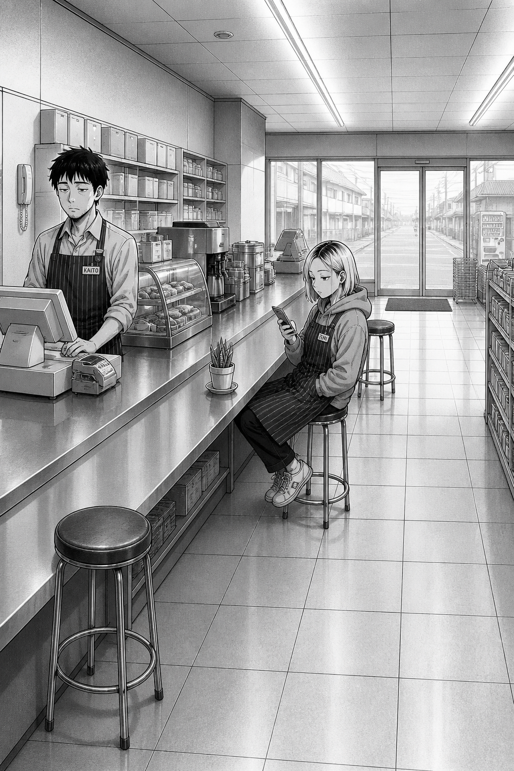 The final mirror of page one, now in grey dawn: same view down the counter, Kaito at the register and Rin on her stool — but the counter that was bare now holds the little potted plant beside her.