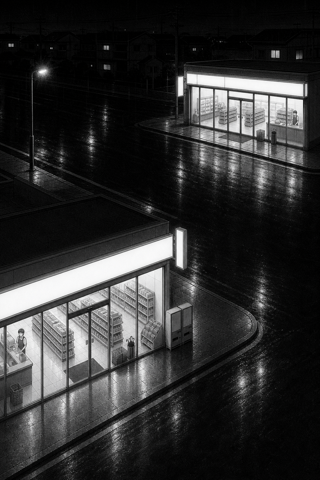 A high, silent wide of the intersection at night: two lit convenience stores on opposite corners face each other across black wet asphalt, a single clerk visible in each.