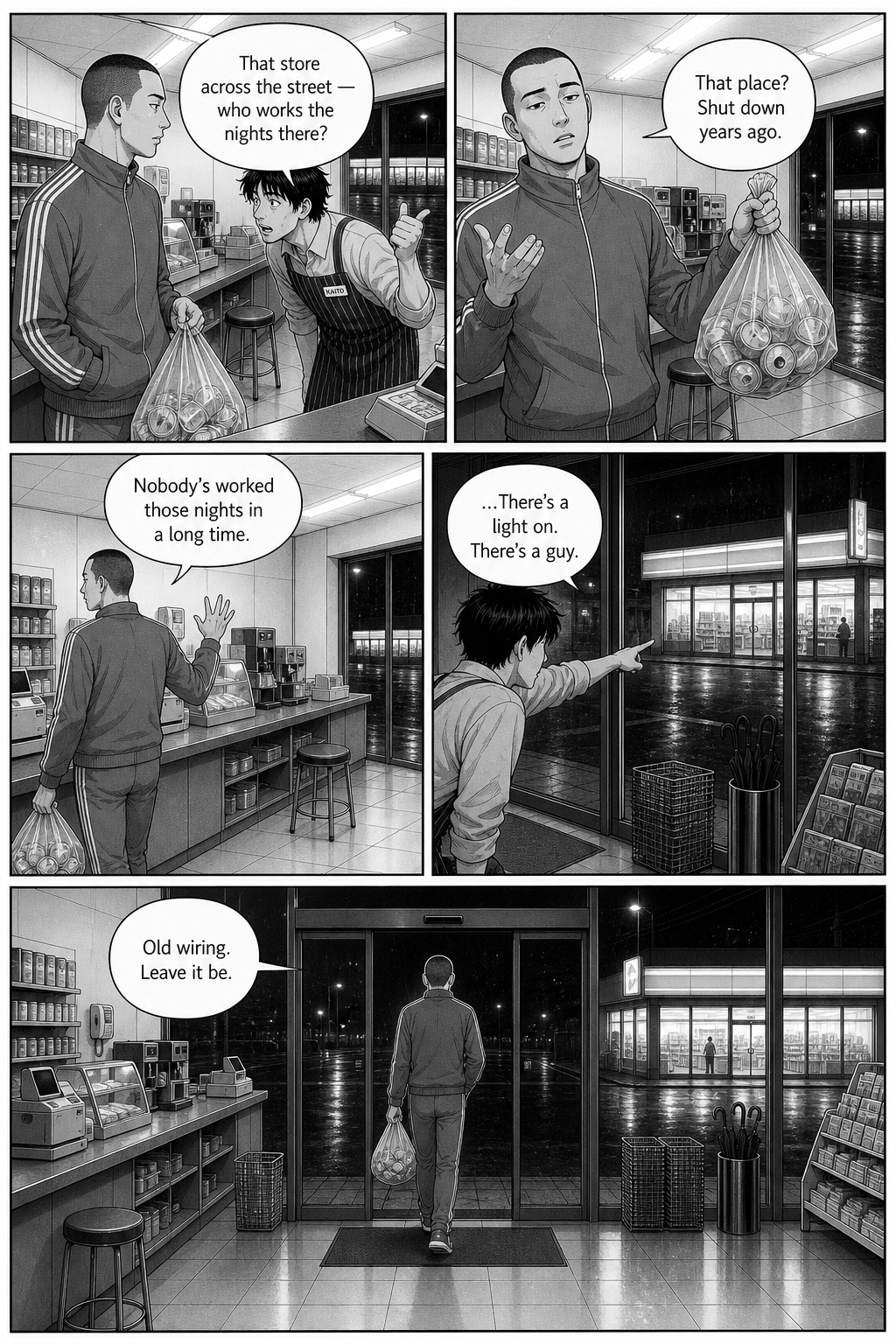 A tall shaved-headed regular in a grey tracksuit, holding a bag of empty cans, tells the clerk the store across the street shut down years ago.