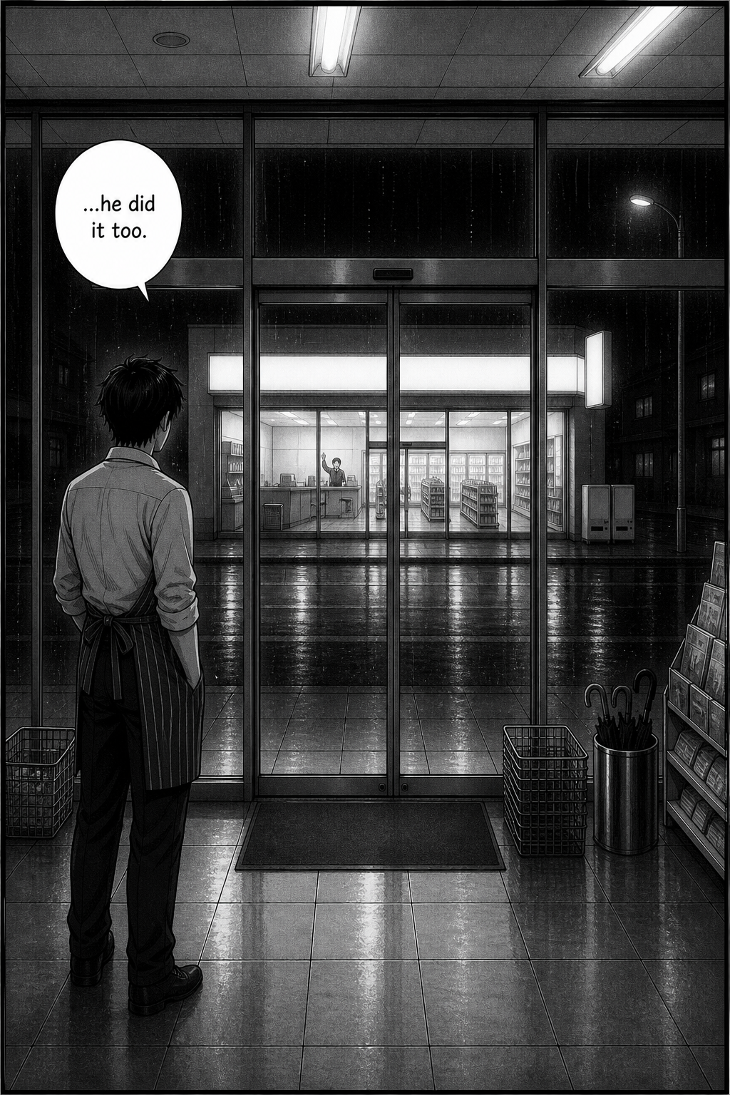 From behind, the small clerk watches the far store across the rainy street, where the other clerk has raised his arm too.