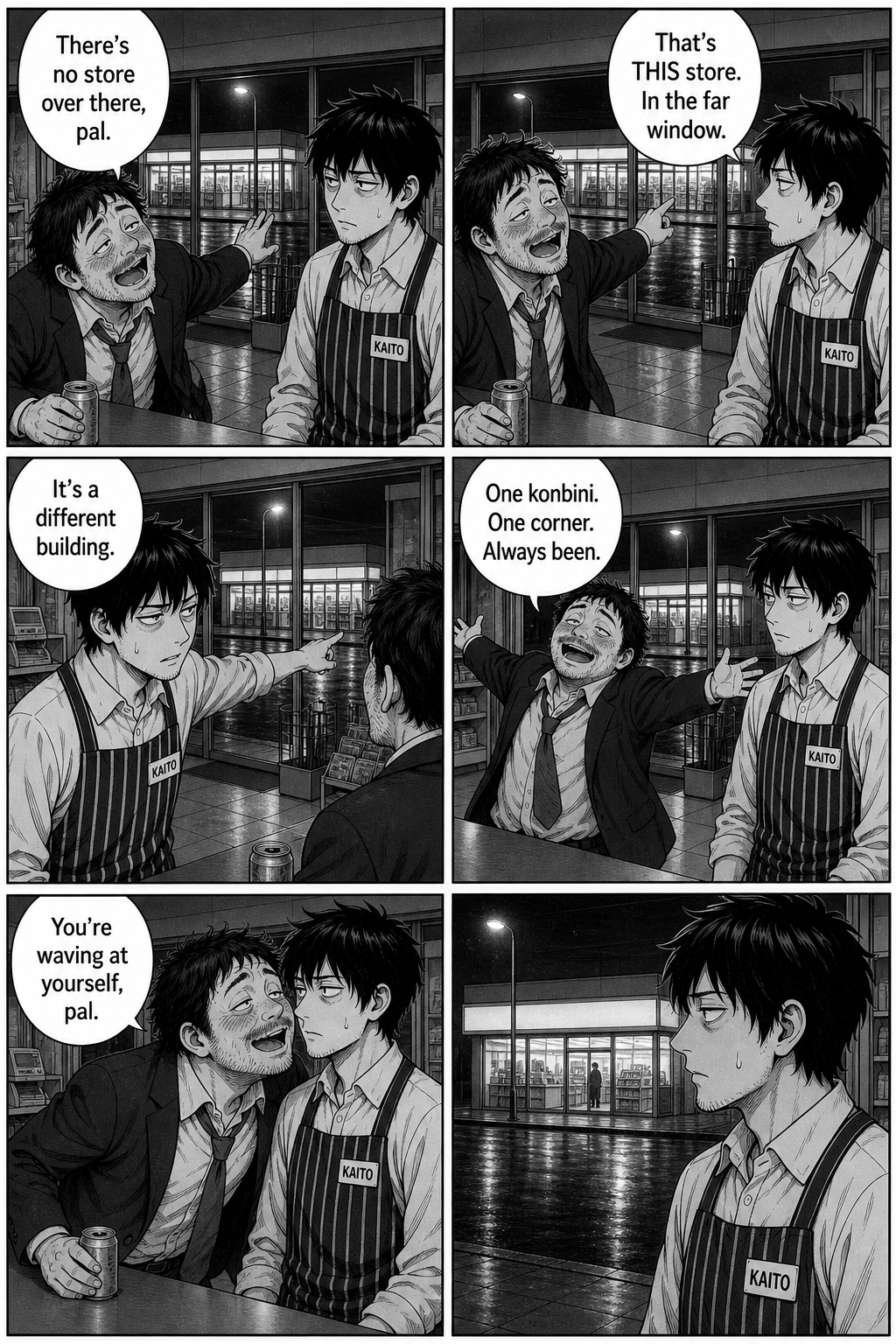 A flushed, swaying salaryman insists there is no other store, only this one's reflection in the far window; the clerk stares out, unsettled.
