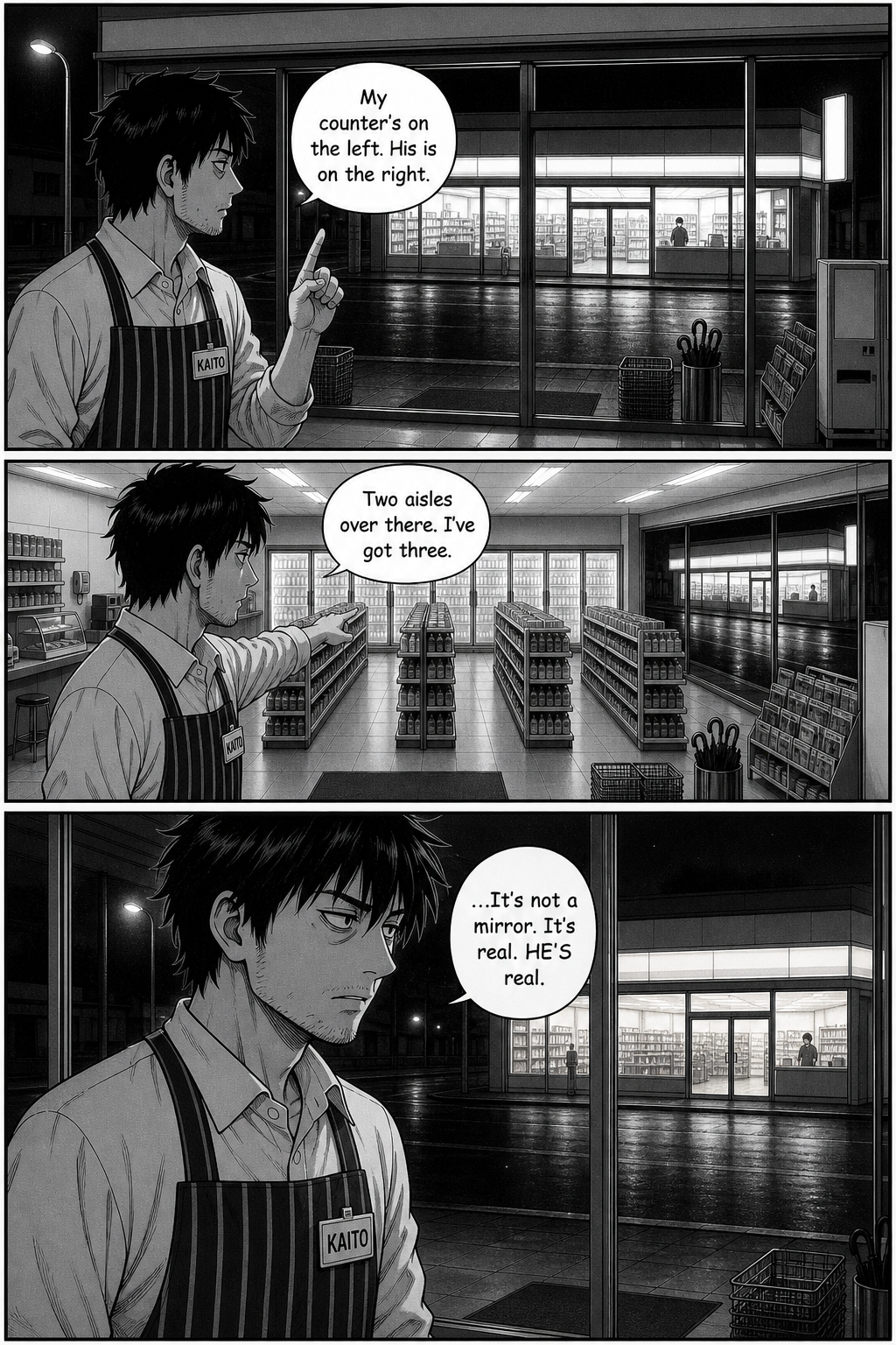 The clerk compares the far store's layout to his own — counter on the opposite side, two aisles not three — and concludes it is real, not a reflection.