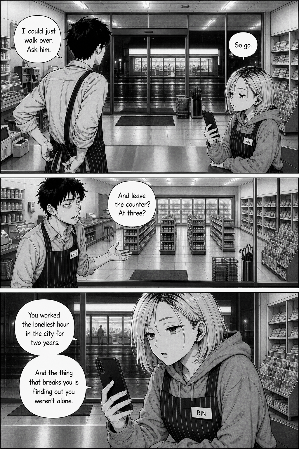 The clerk wonders aloud about walking over; his coworker, unusually level, points out he panicked only on learning he was never alone.