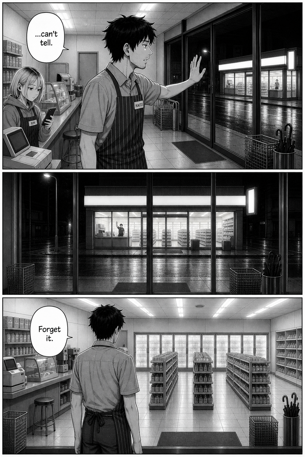 The clerk raises his hand at the far store one last time, cannot tell if it is answered, and finally turns his back to the glass.