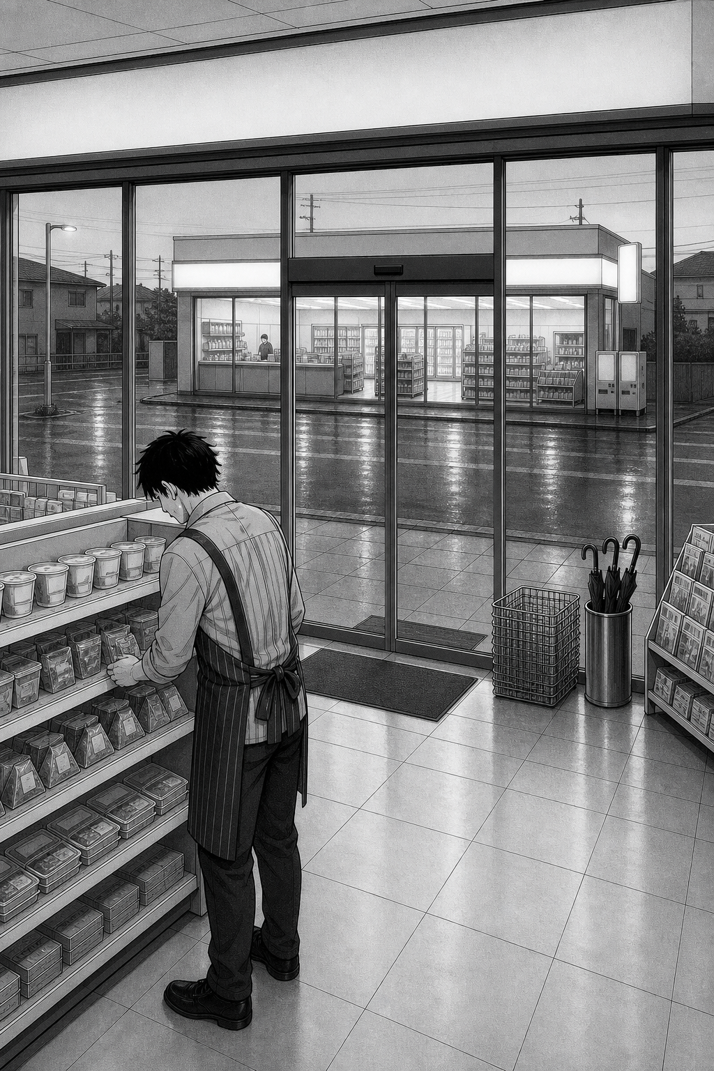 The clerk restocks a low shelf with his back to the doors as the first grey dawn light comes up outside; the far store is still lit.