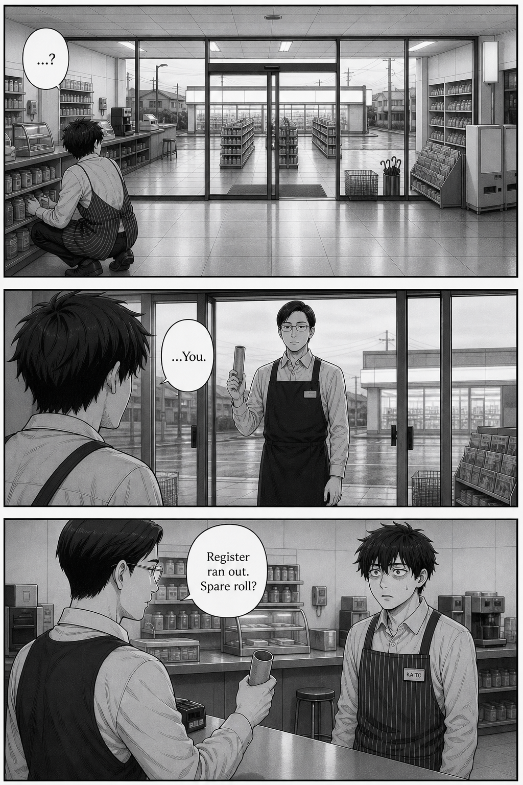 The sliding doors open and the other clerk — neat hair, wire glasses, a plain dark apron — is standing inside, holding up an empty cardboard receipt-roll tube.