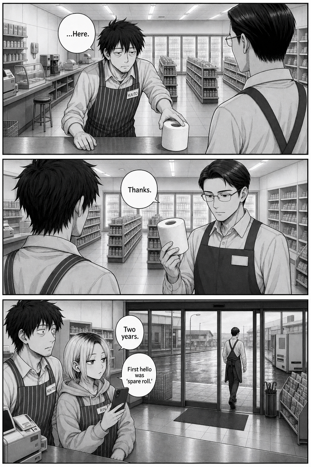 The clerk slides a fresh paper roll across the counter; the other clerk takes it with a nod and leaves into the dawn as the coworker lowers her phone.