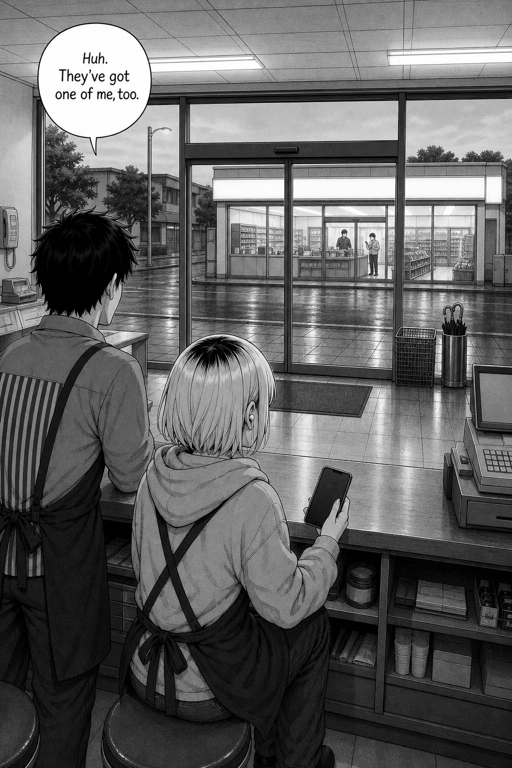 Grey dawn: the two clerks stand at their counter looking across the pale street to the far store, now plainly lit and staffed by two figures of its own.