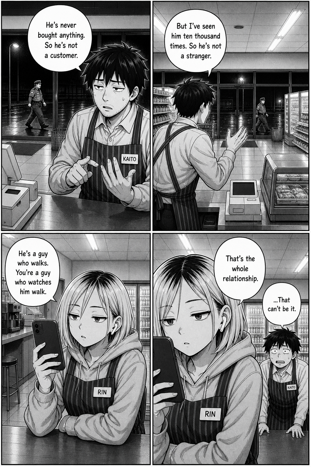Four panels: Kaito counts out his logic about the passing man; Rin, filming on her phone, flatly says he's just a guy who walks and Kaito's the guy who watches him walk.
