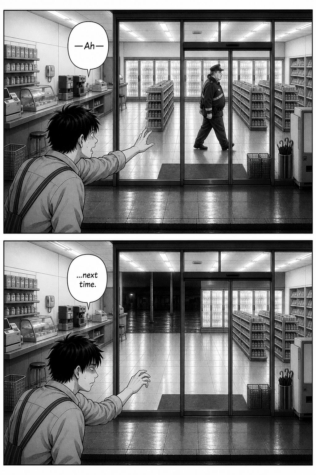 Two panels: the watchman crosses the glass again; Kaito half-rises with a hand raised to call out, then the glass is empty and his hand lowers.