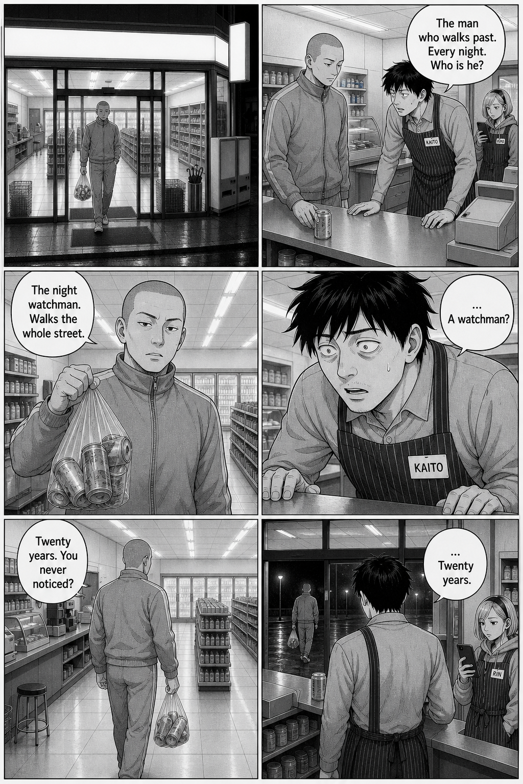Six panels: the tall shaved-headed tracksuit regular with his bag of cans tells Kaito the passing man is the night watchman who has walked the street for twenty years.