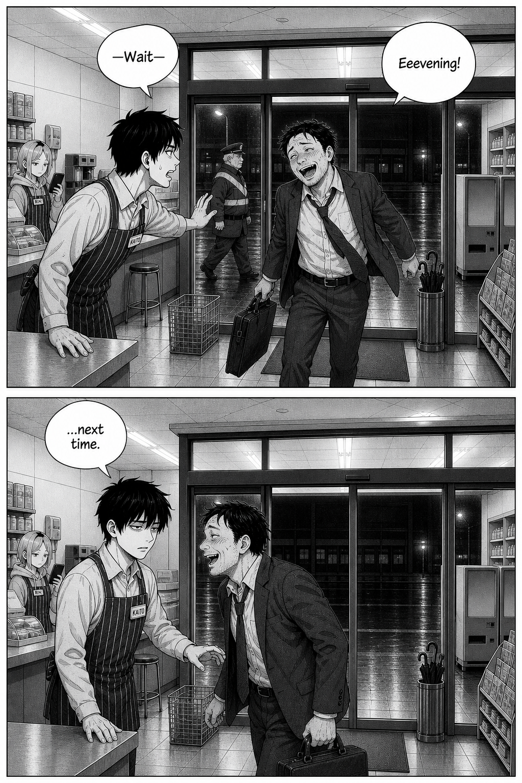 Two panels: the watchman crosses the glass as Kaito surges up, but a drunk salaryman blunders in through the doors and blocks him; Kaito's hand lowers.