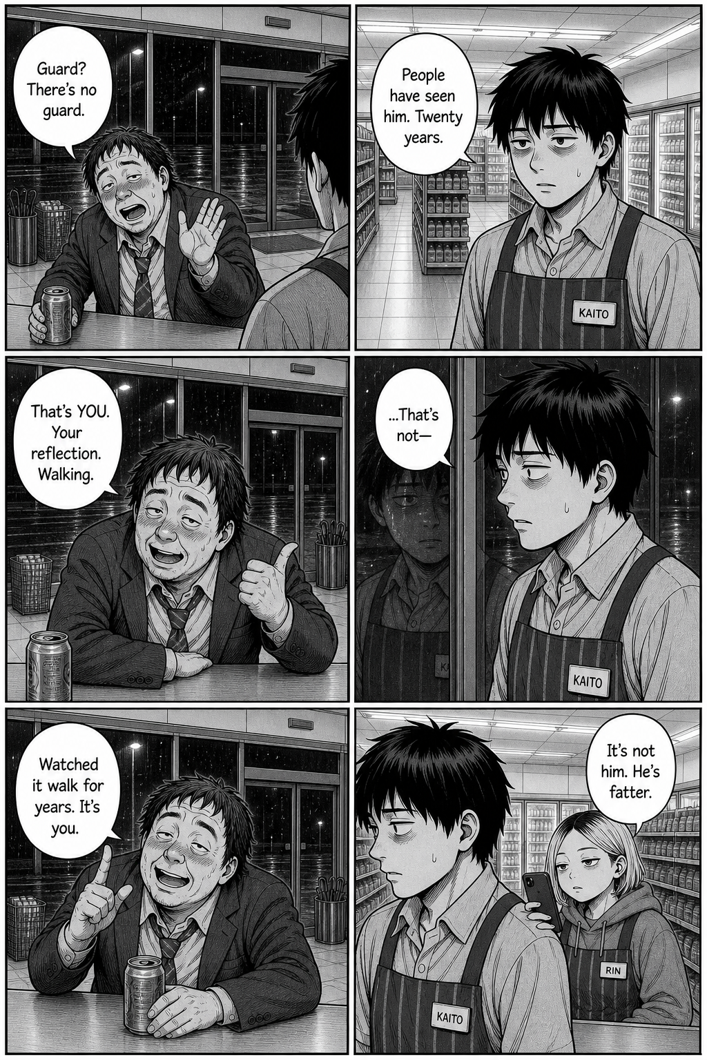 Six panels: the drunk salaryman insists there is no guard and that the walking figure is just Kaito's own reflection; Rin deadpans that it isn't Kaito, he's fatter.
