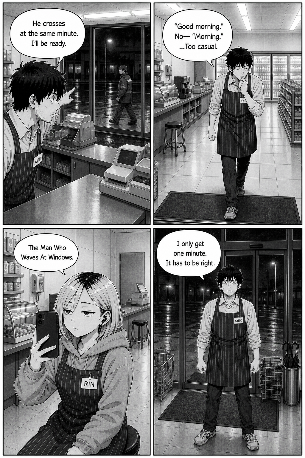 Four panels: Kaito plans the perfect greeting, rehearsing words and timing the man's crossing; Rin films him, captioning it 'The Man Who Waves At Windows.'