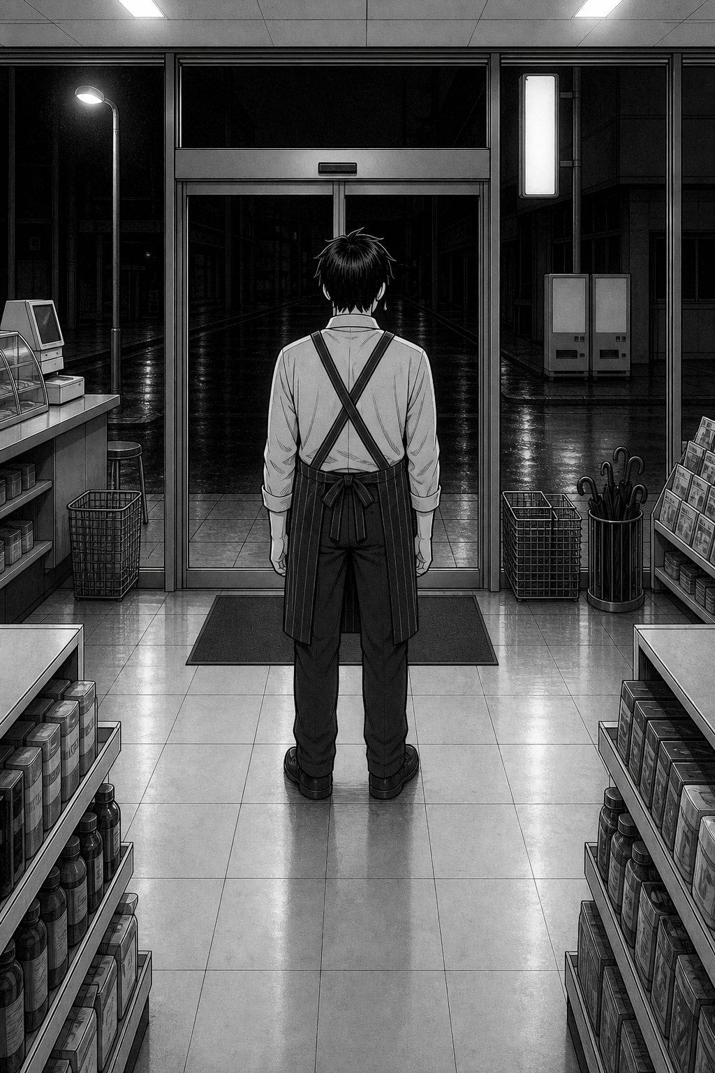 A single silent panel: Kaito stands at attention just inside the sliding doors, facing the dark wet glass, braced and sweating, waiting.