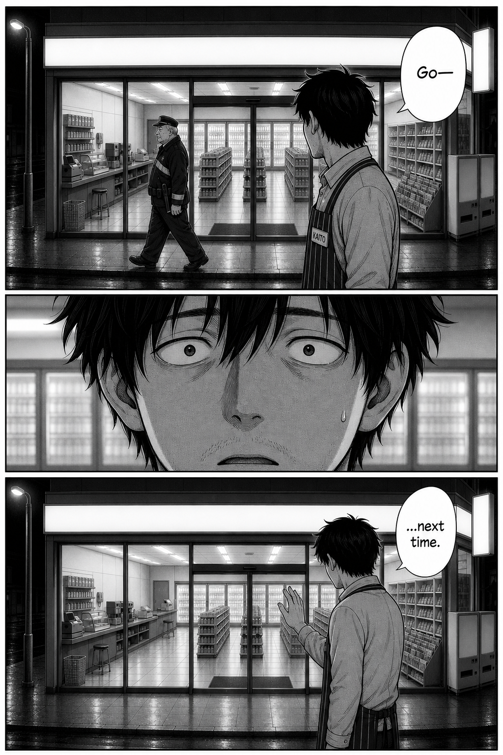 Three panels: fully positioned at the doors, Kaito starts to speak as the watchman crosses, his nerve fails in close-up, and the figure is gone; his hand lowers.