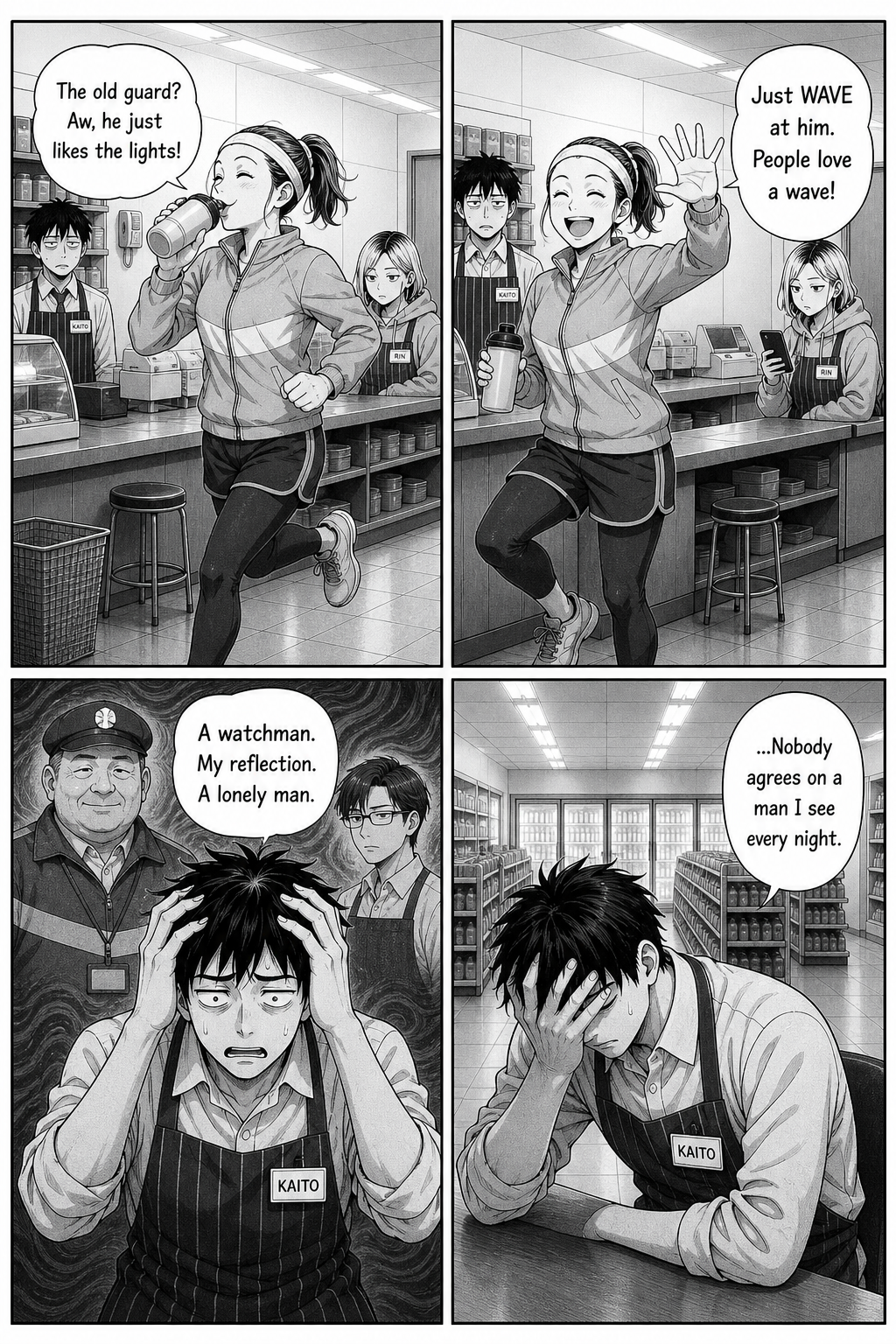 Four panels: a cheerful jogger says the old guard just likes the lights and Kaito should wave; overwhelmed by three contradictory answers, Kaito slumps with his head in his hand.