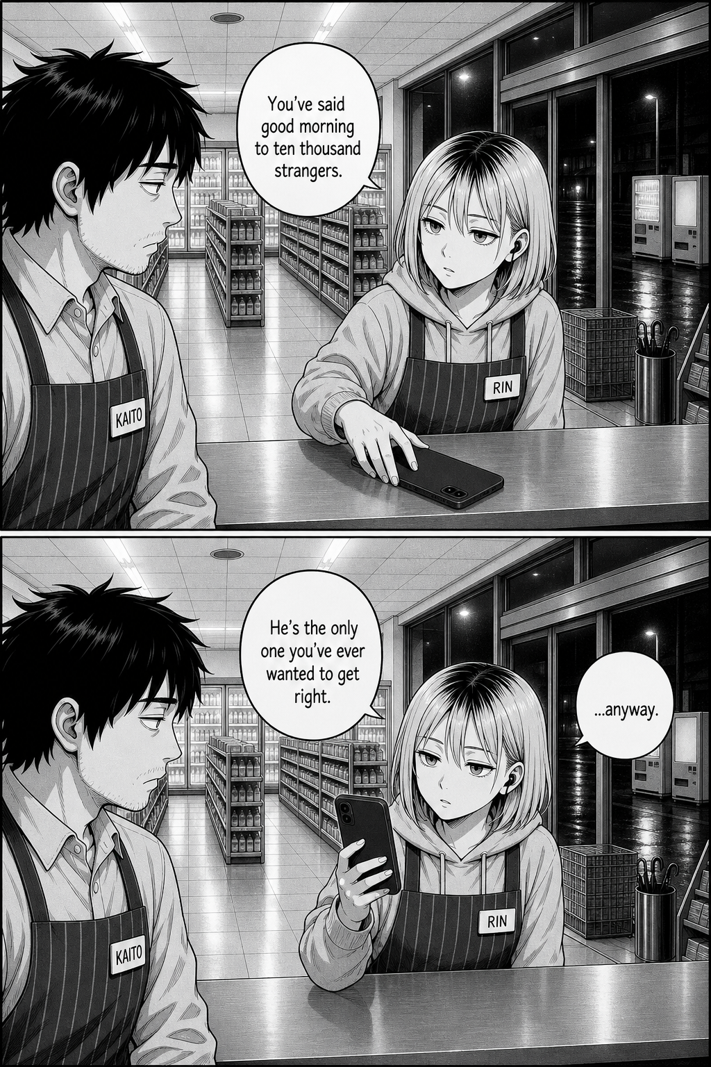 Two panels: Rin sets her phone face-down and quietly tells Kaito he has greeted ten thousand strangers, and this is the only one he's ever wanted to get right, then picks the phone back up.