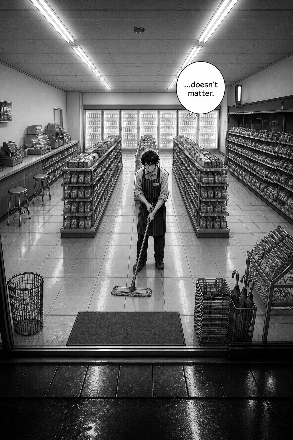 A single wide panel near dawn: defeated, Kaito slowly mops the middle aisle with his head down, no longer watching the glass; the coolers glow grey at the back.