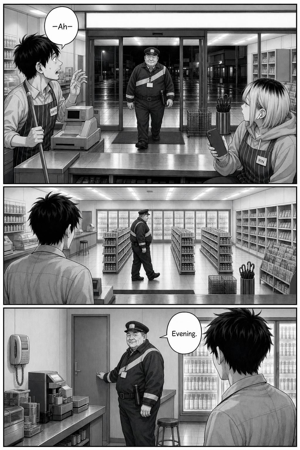 Three panels: the doors ding and the night watchman steps inside for the first time; he walks an aisle and checks the back door, then nods to Kaito and says 'Evening.'
