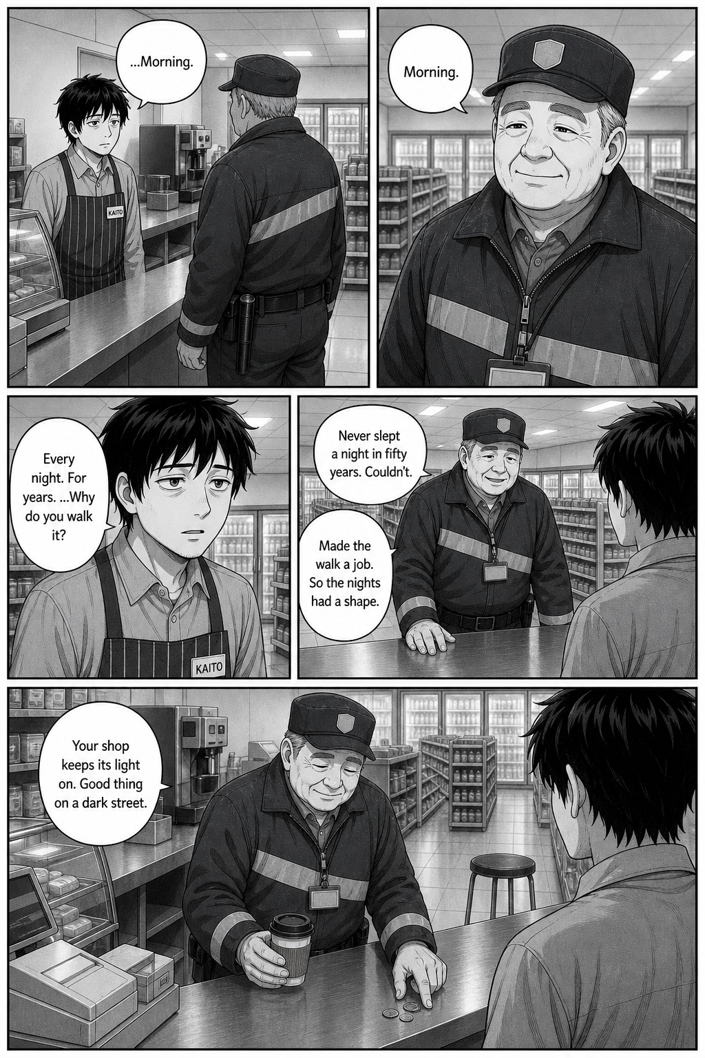 Five panels: Kaito manages a quiet 'Morning'; the watchman answers warmly and, asked why he walks every night, explains he has never slept in fifty years and made the walk a job so the nights would have a shape; he buys a coffee with exact coins.