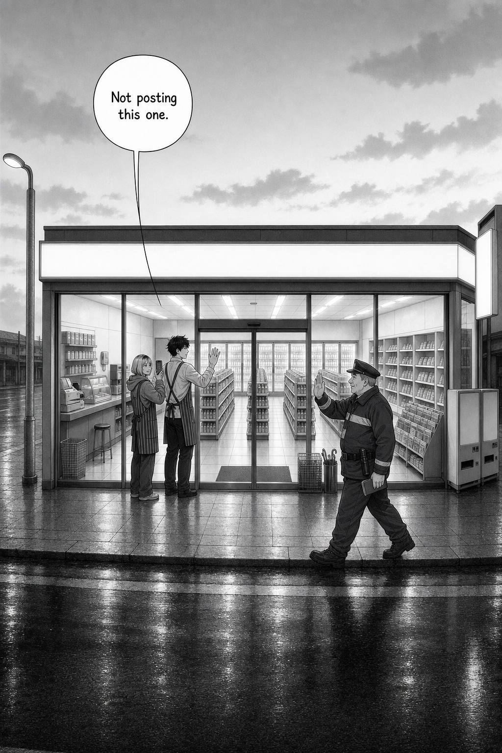 A wide dawn panel mirroring page one: the watchman crosses the storefront glass one last time; inside, Kaito lifts a hand in a small wave and the watchman returns it, while Rin films it and says she's not posting this one.